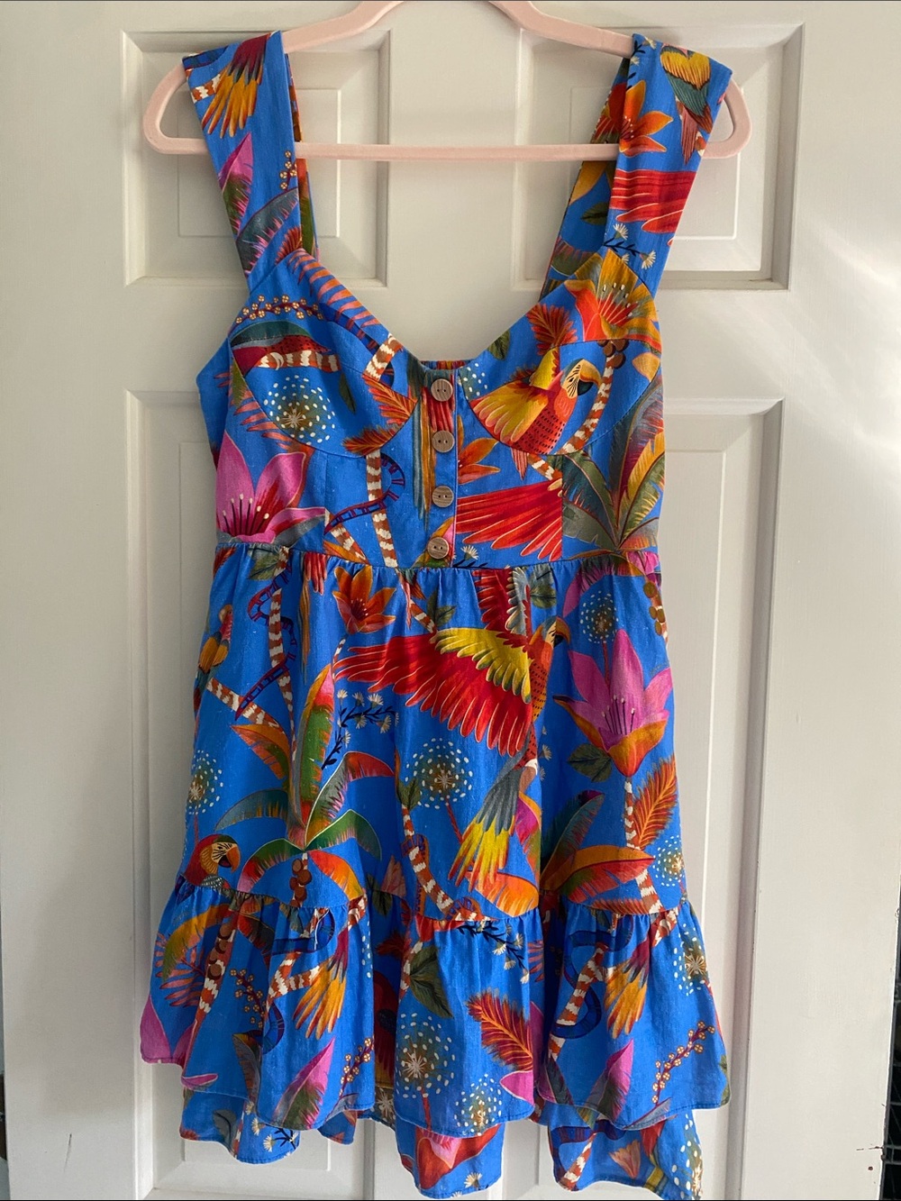 FARM Rio Blue macaw Print party Mini Dress - Picture 3 of 9